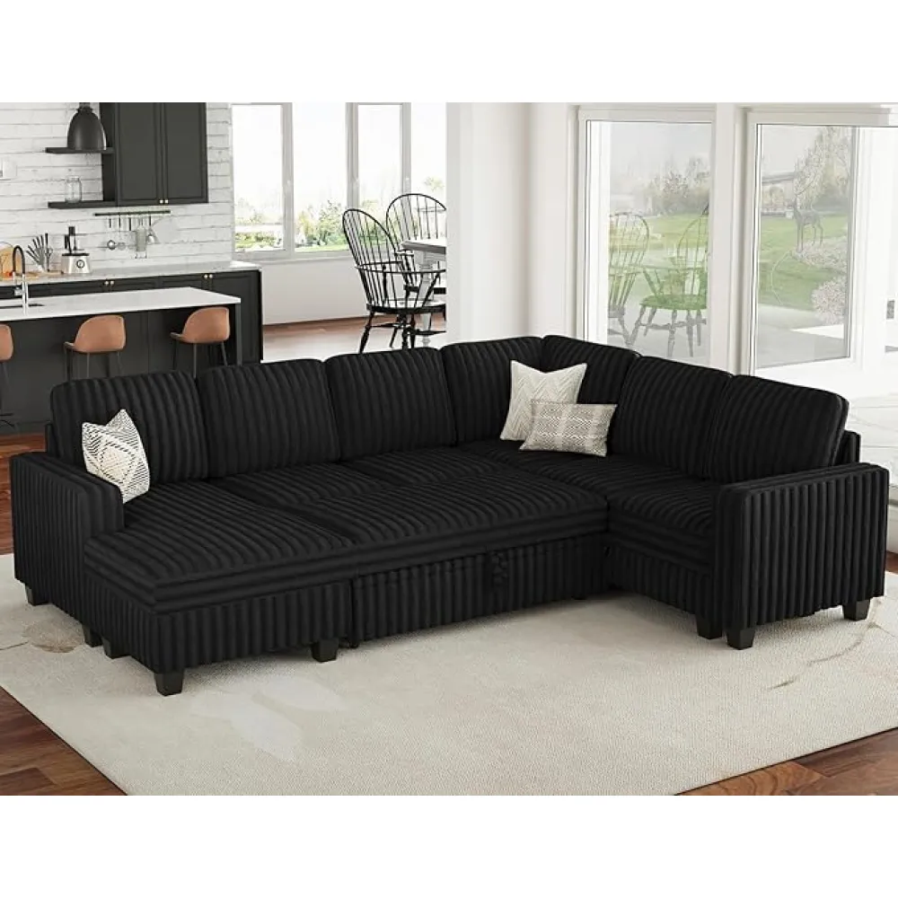 Belffin Corduroy Sleeper Sofa Bed with Storage Chaise Modular Sectional Sofa Couch with Pull Out Bed L Shaped Sectional Couches for Living Room Black Couch