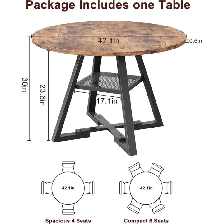 Rustic Brown Round Pedestal Dining Table - Space Saving Wood Kitchen & Dining Room Table, 42In