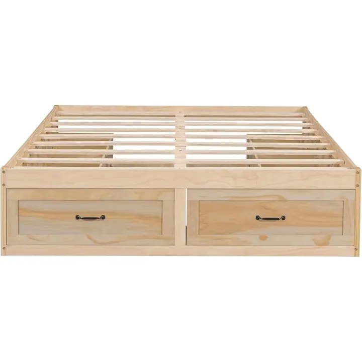 Merax Queen Size Platform Bed with 6 Storage Drawers,Antique Natural