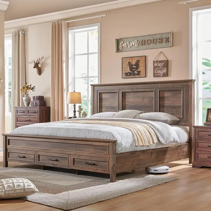 JXQTLINGMU Farmhouse Queen Wood Bed Frame with 52" Tall Headboard & Footboard, Platform Bedframe with Hidden Storage Drawers, Noiseless, No Box Spring Required, Light Brown