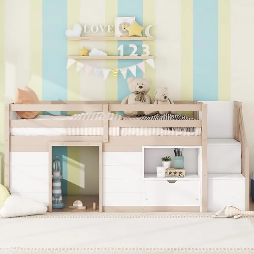 Anwick Twin Size Loft Bed with Playhouse, Solid Wood Low Loft Bed with Storage Drawer and Ladder, Modern Farmhouse Loft Bed for Kids (Cream White)