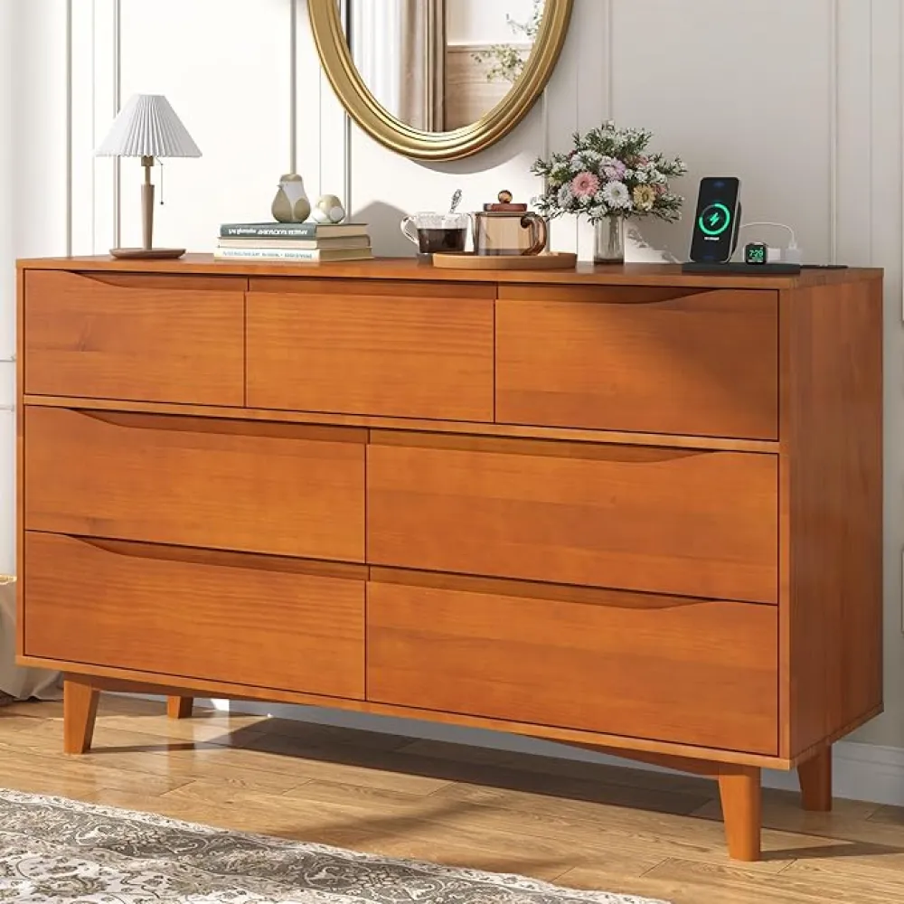 55” Wide Mid Century Modern 7 Drawer Dresser for Bedroom,Vintage Wood Chest of Dresser with Charging Station, Wooden Legs, Large Wood TV Stand for Living Room,Hallway