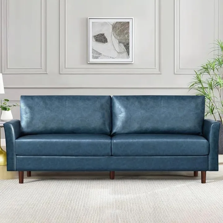 80" Faux Leather 2-Seat Sofa W/Wooden Legs, Upholstered Loveseat Sofa W/Well-Filled Backrest, Two Seater Couch for Living Room, Office, Studio, Blue