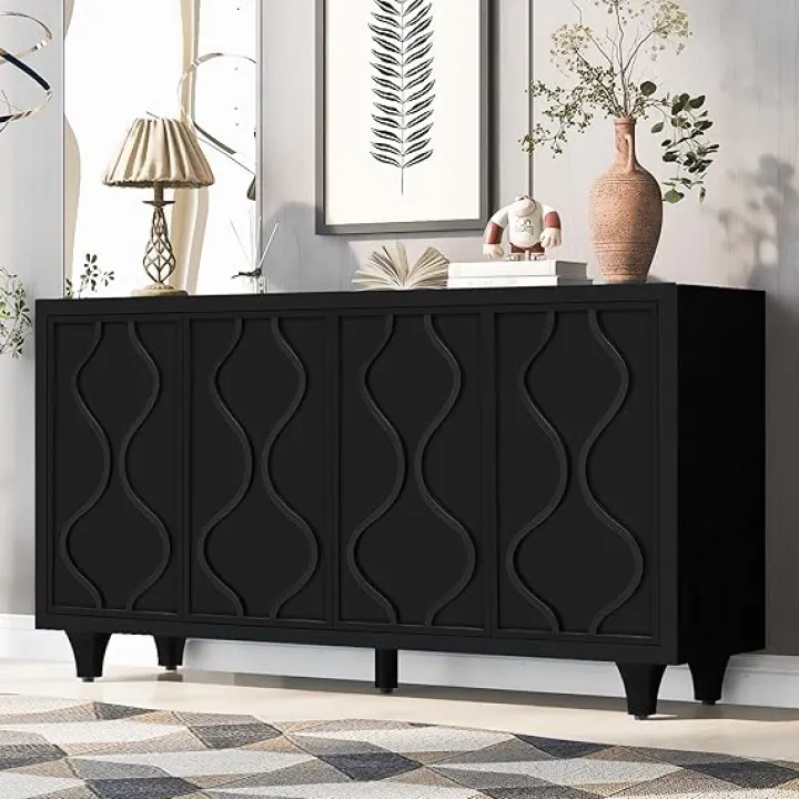 Stylish Storage Cabinet Sideboard Wooden Cabinet with Embossed Curved Doors, Accent Cabinet,Wooden Cabinet for Living Rooms, Entrance and Study Rooms (Black)
