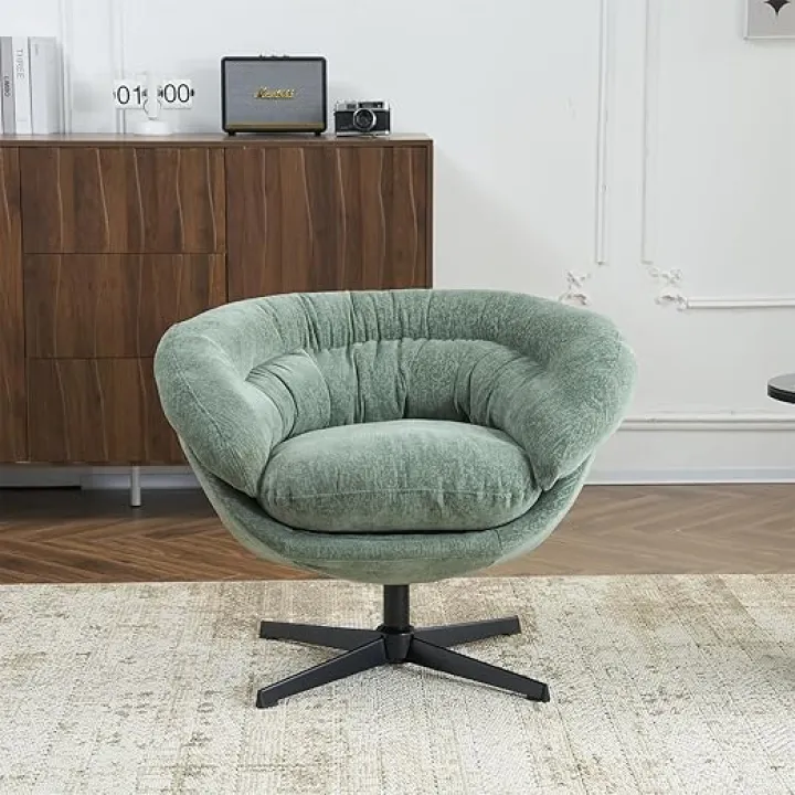 Christopher Knight Home 360° Swivel Club Chair,Chenille Upholstered Accent Chair with Removable Cushion, Round Office Chair with Black Metal Base,Green