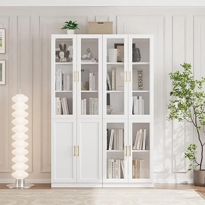 VOWNER Bookcase with Glass Doors & Drawers, 5 Tier Bookshelf with Adjustable Shelf, Modern Large Storage Display Cabinet Set for Home Office, Living Room, White (AC)