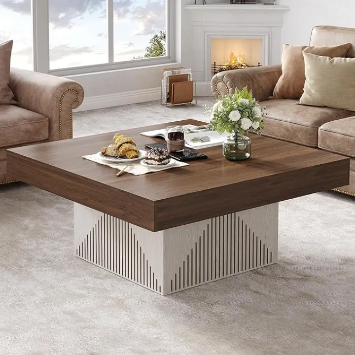 Coffee Table, Square Coffee Table with LED, Wood Low Coffee Table for Living Room, Center Table for Living Room, Natural Wood Grain - Rustic Brown+White