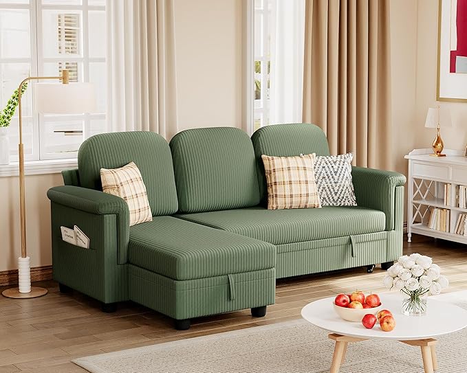 Furmax Sleeper Sofa, L-Shaped Sofa Couch with Side Storage Pocket Pull Out Bed with Reversible Storage Chaise Sectional Couches for Living Room, Small Apartment (Corduroy, Green)