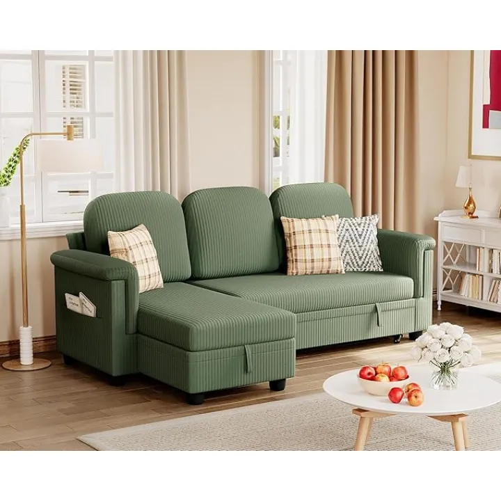 Furmax Sleeper Sofa, L-Shaped Sofa Couch with Side Storage Pocket Pull Out Bed with Reversible Storage Chaise Sectional Couches for Living Room, Small Apartment (Corduroy, Green)