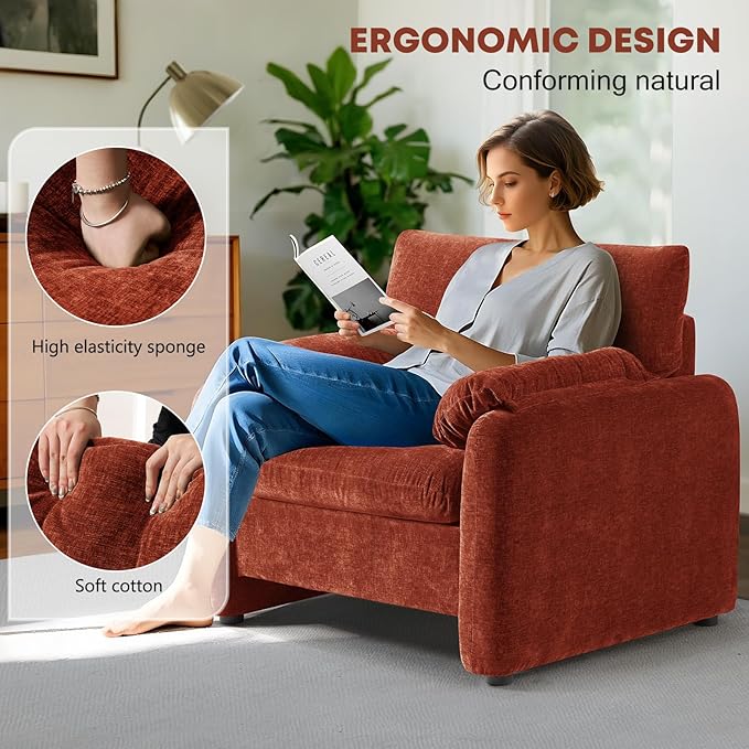 CDCASA Oversized Accent Chair, Chenille Mid Century Modern Armchair Set of 1, Comfy Extra Large Seat Reading Single Sofa Chairs for Bedroom Living Room, Terracotta Orange