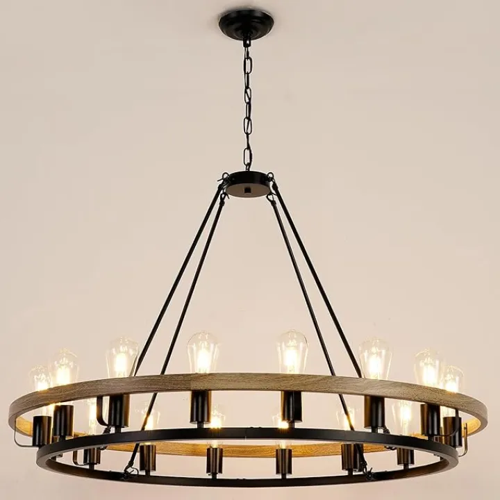 Wagon Wheel Chandelier 16-Light 39-Inch, Black and Oak Wood Tone Finish Round Rustic Farmhouse Chandelier Extra Large for High Ceilings, Living Room Foyer