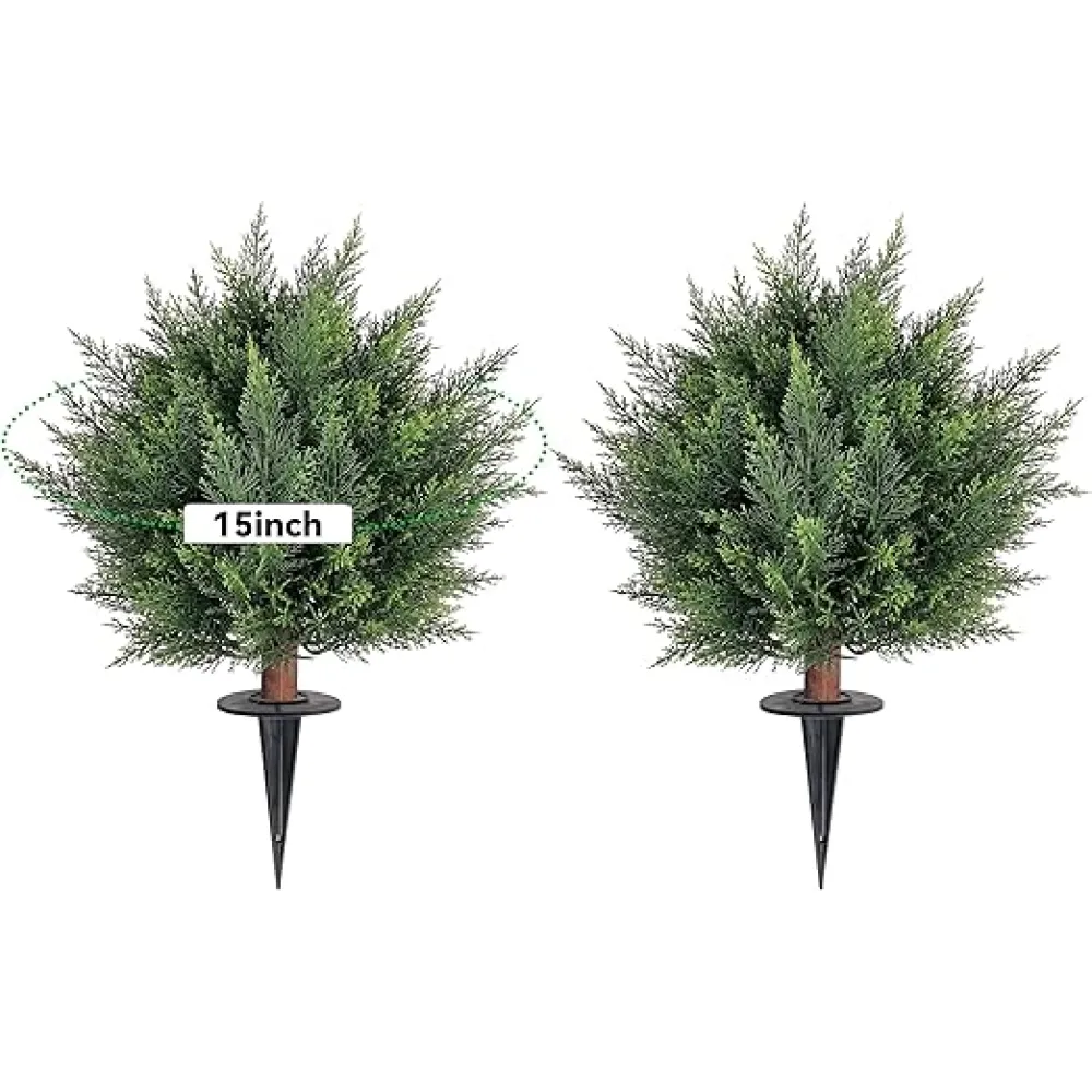 23" Artificial Cypress Topiary Outdoor Plants with Spike, 2 Pack Faux Cedar Bushes UV Resistant Fake Shrubs for Front Porch Décor