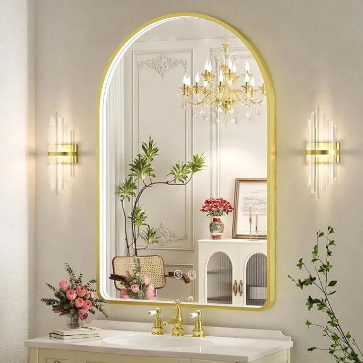 24X36 Inch Arched LED Mirror for Bathroom,Gold Framed Arched Bathroom Mirror with Lights,Lighted Vanity Mirror for Wall,Anti-Fog, Dimmable