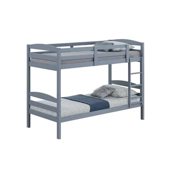 Benzara Sifa Twin Bunk Bed, Convenient Ladder, Arch Slat Design, Gray Solid Wood