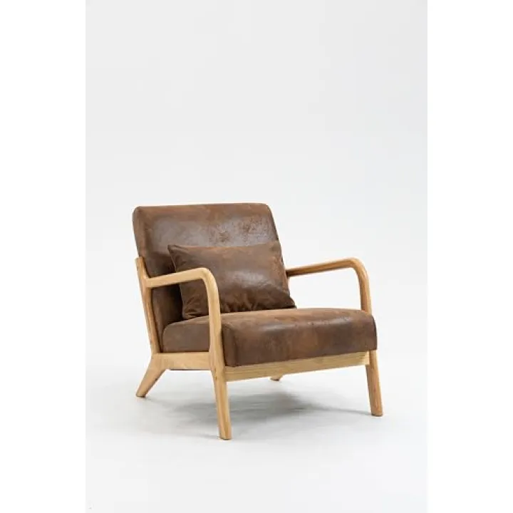 RGkuti Mid Century Modern Accent Chair with Wood Frame, Upholstered Living Room Chairs with Waist Cushion, Reading Armchair for Bedroom Sunroom