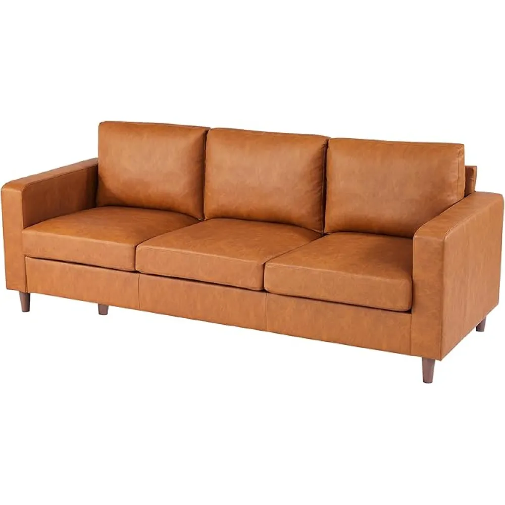 IDEALHOUSE 85" Leather Couch, 3-Seats Sofa, Mid-Century Modern Sofa with Comfy Cushions, Deep Seat Sofa Couch for Living Room Bedroom Apartment, Cognac Tan