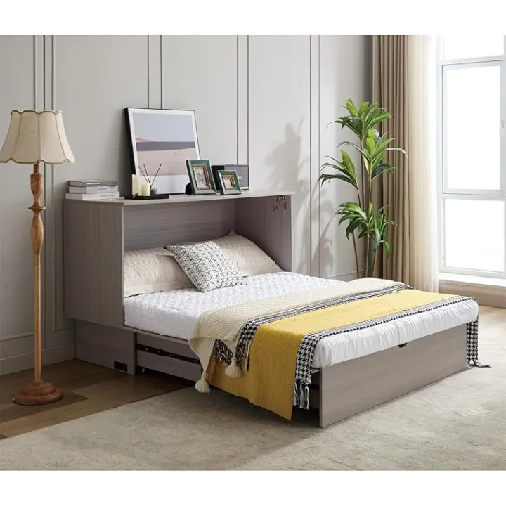 Murphy Bed with Queen Mattress, Cubic Cabinet Bed with Storage Drawers and USB Ports, Solid Wood Murphy Bed Frame for Home Office Gust Room Bedroom, Can be Folded into a Cabinet, Gray