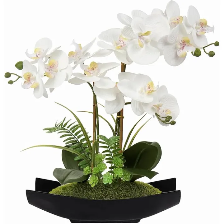 Briful Orchid Artificial Flowers 15in White Fake Orchid Silk Flowers with Black Pot Faux Phalaenopsis Arrangement for Home Office Room Table Centerpiece Modern Decor