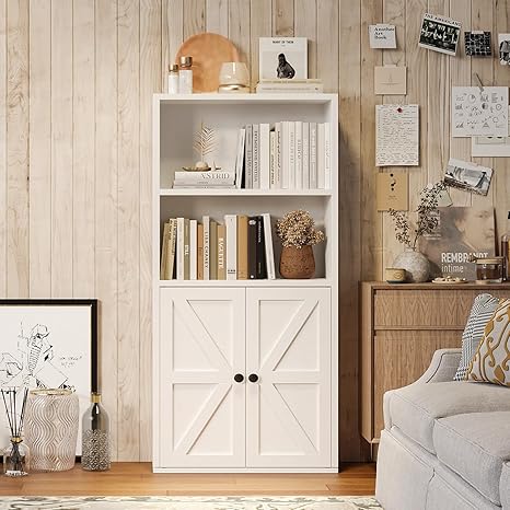 MXV Bookshelf Bookcase with Doors, 4 Tier Wooden Storage Shelves Organizer, Floor Standing Display Cabinet Shelves, Home Decor Furniture for Home Office, Living Room, Bedroom, White