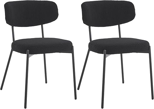 KCC Boucle Dining Chairs Set of 2, Modern Mid-Century Upholstered Stylish Kitchen Chairs Sherpa Accent Diner Chairs with Metal Legs and Curved Back for Kitchen, Dining Room(Black)