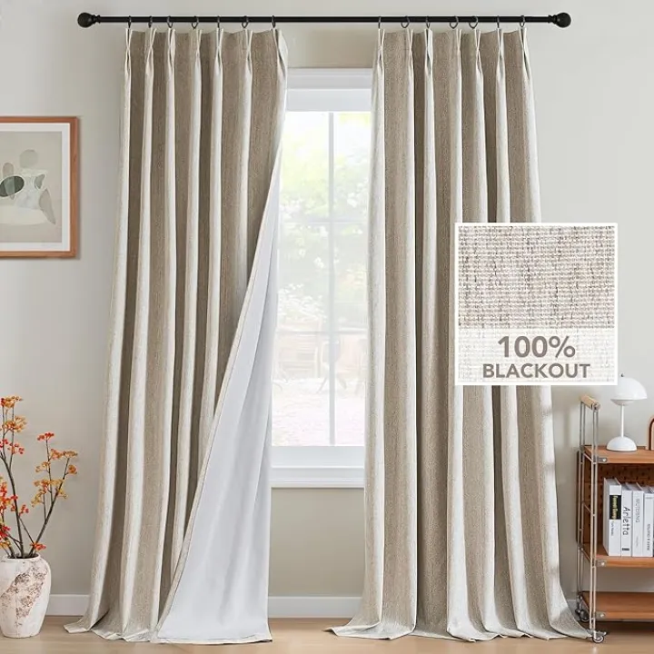 H.VERSAILTEX Pinch Pleated Full Blackout Curtains Linen Blended Chenille Blackout Curtains 84 inch Length 2 Panels Bedroom Thermal Insulated Farmhouse Neutral Track Drapes with Hooks, Heather Natural