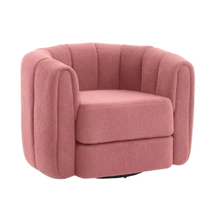 Setawix Teddy Tufted Swivel Armchair, Sherpa Upholstered Modern Barrel Chair, Round Club Chair with Metal Base for Living Room. (Teddy Pink, 1 Chair)