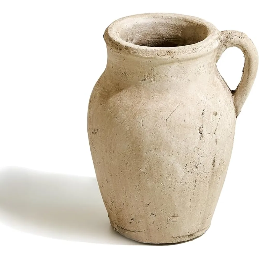 LB2 Rustic Ceramic Vase, 8.3 Inch Tall Zen Style vase, Terra Cotta Pitcher, Distressed Farmhouse Decor, Pottery Decorative Flower Vase for Home Decor