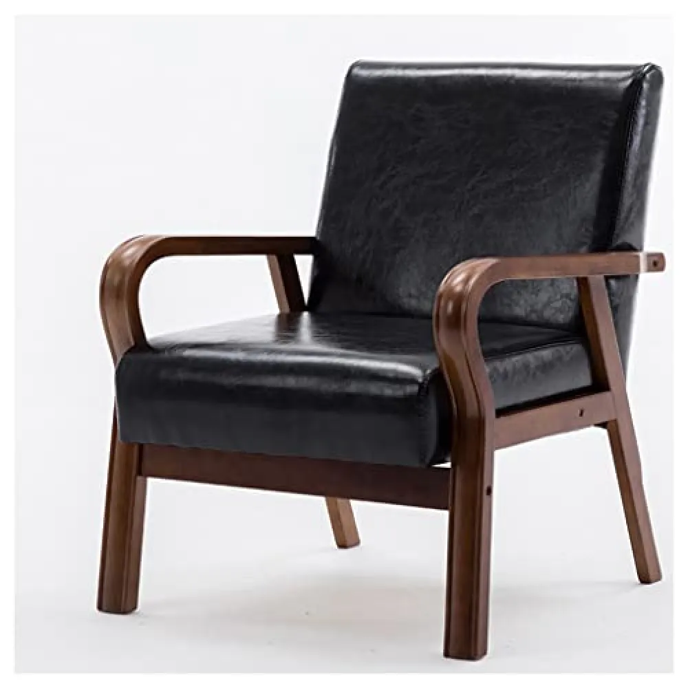 Sedia da salotto in pelle di metà secolo per camera da letto, imbottita, stile retrò, con braccioli, comoda sedia da lettura singola per soggiorno, reception, dormitori, colore nero