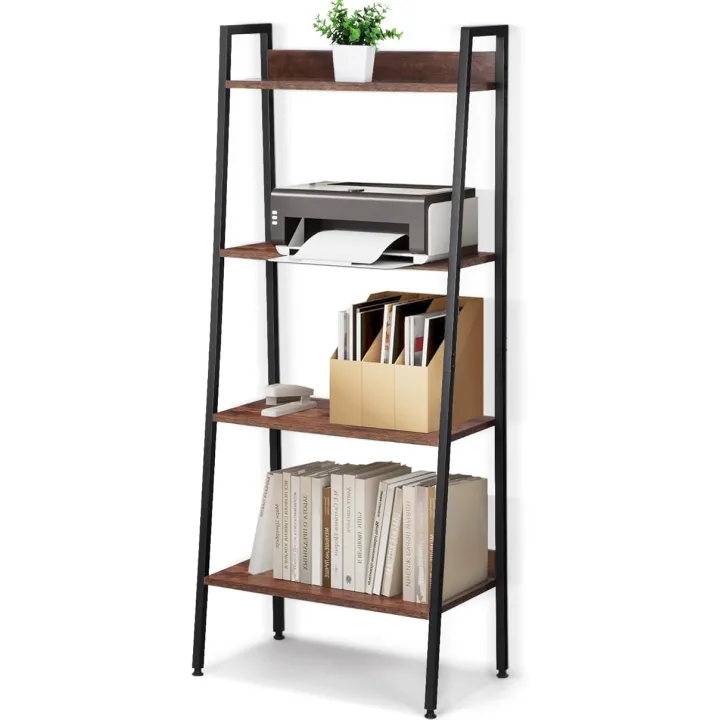 RUNTOP Industrial Bookshelves and Bookcases, Ladder Shelf 4 Tiers with Metal Frame for Living Room, Home Office, Storage Racks and Shelving, Freestanding Display Plant Shelves, Rustics Brown