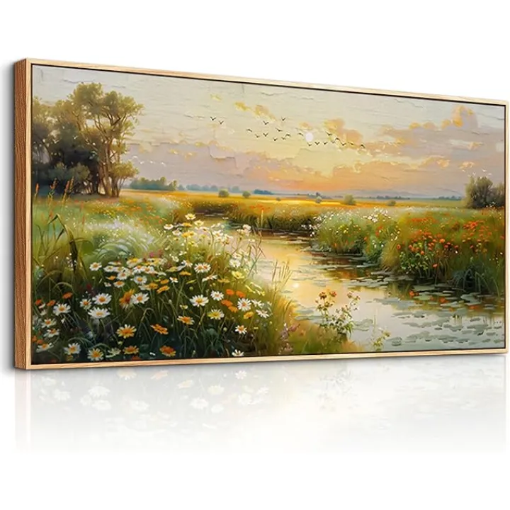 ZUITINGHUA Wood Framed Canvas Wall Art For Living Room Wall Decor For Bedroom Office Wall Decoration Pastoral Scenery Painting Water edge Pictures Artwork Room Aesthetic Home Decor 20x40 In