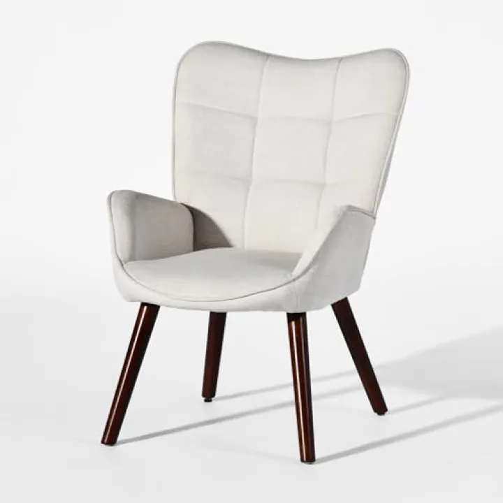 Homy Casa Mid-Century Modern Upholstered Vanity Chair with Walnut Wood Legs – Comfortable Beige Accent Armchair for Bedroom, Dressing Room, or Lounge