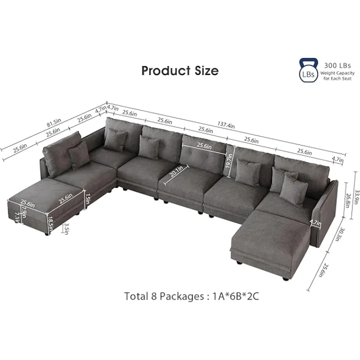 LLappuil Modular Sectional Sofa with Storage Seats, Corduroy Convertible Modular U Shaped Sectional Sleeper Couch for Living Room, 8 Seat Oversized Sofa with 6 Back Cushion 6 Throw Pillow, Grey