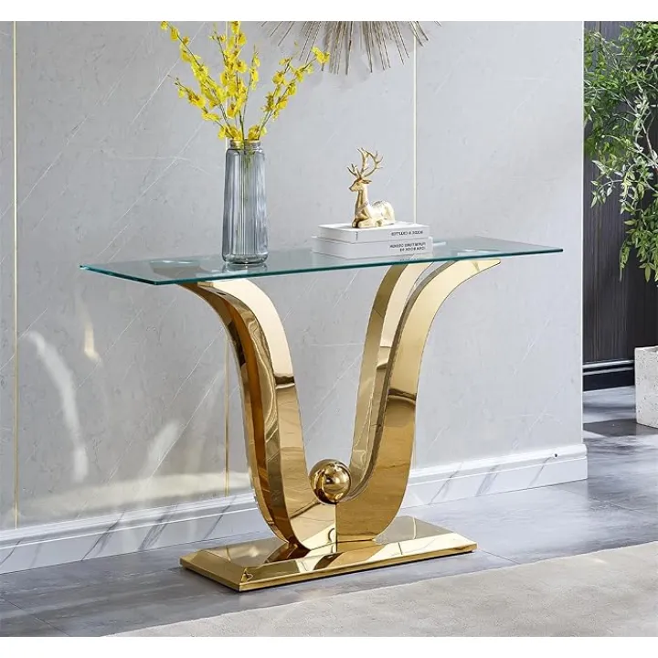 Modern Gold Narrow Console Table, Glass Top, Mirrored Stainless Steel Frame, Living Room/Hallway