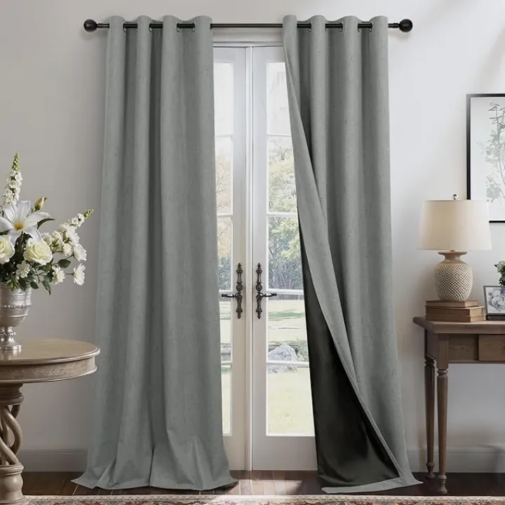 Grey Blackout Curtains for Bedroom 84 Inch Length 2 Panel Set Grommet Cotton Linen Textured Total Black Out Long Drape Thermal Insulated Medium Dark Gray Curtain for Living Room Modern Farmhouse Decor