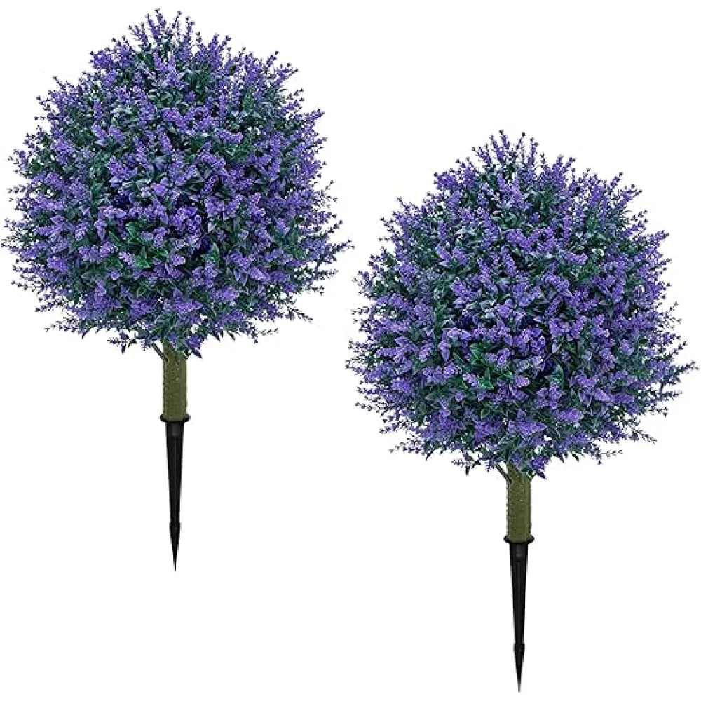 23.6'' Faux Lavender Topiaries Set of 2 with Ground Spikes for Spring Front Porch Decor, Fake Bushes UV Resistant, Artificial Shrubs Outdoor Plants Fake Evergreen Tree for Outdoor Garden