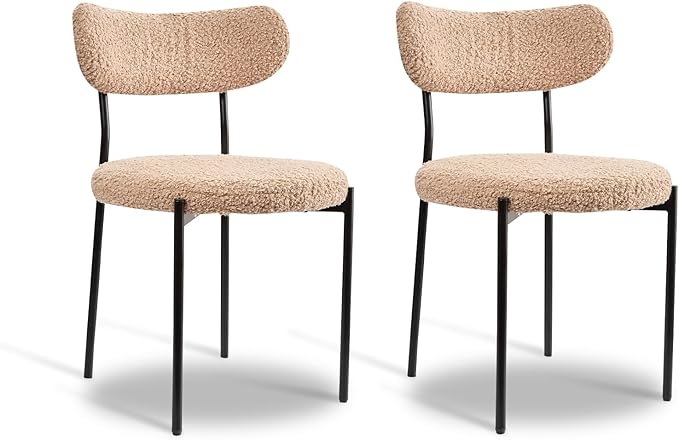 Dining Chairs Set of 2, Boucle Dining Chairs, Round Widened Upholstered Dining Room Chairs, Modern Kitchen Chairs, Sturdy and Comfy with Black Metal Legs, for Dining Room, Kitchen(Brown)