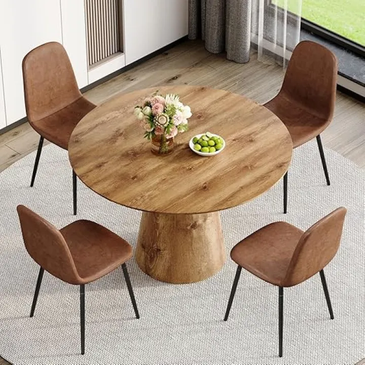 Round Dining Table Set for 4,45'' Farmhouse Dining Room Table Set for 4 with Suede Chairs,1" Thick Wood Pattern Tabletop with Conical Base,Round Kitchen Table Set for Dining Room,Apartment