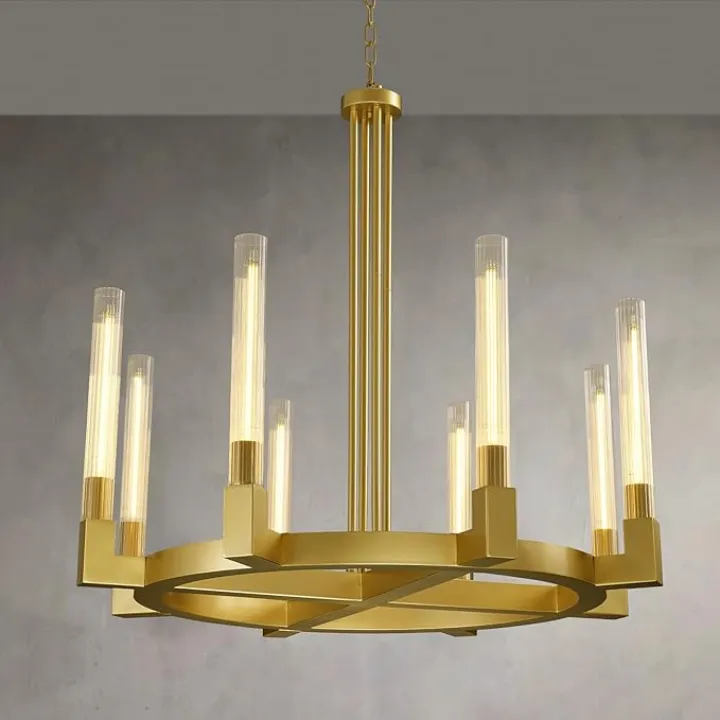 36 Inch Brass Wagon Wheel Chandelier with Knurled Glass Shade,8-Lights Gold Modern Farmhouse Chandeliers for High Ceilings,Large Round chandeliers for Dining Room,Living Room,Bedroom,Foyer,Entryway