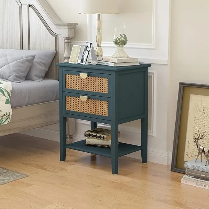Green Nightstand,Modern Bedside Table with 2 Storage Drawer and Open Wood Shelf,American Furniture,Rattan Cabinet,End Table,Suitable for Bedroom, Living Room, Study
