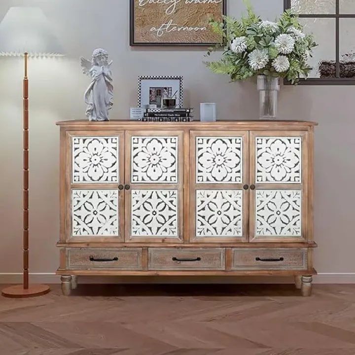 59.06" Chic Natural Wood Carved Floral Accent Cabinet,4 Doord 3 drawers Sideboard Buffet with Adjustable Shelves,Stylish Storage for Living Room, Kitchen,and Dining, Easy Assembly,Durable MDF,Natural
