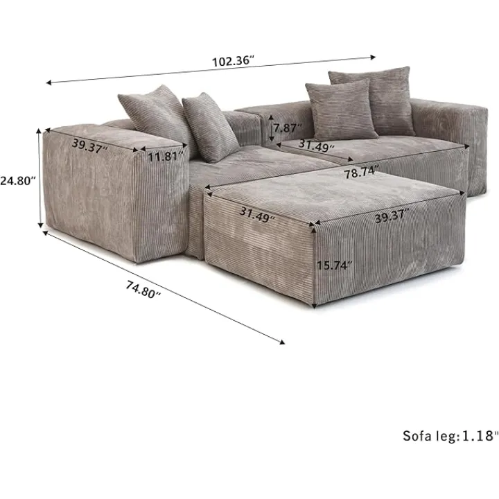 Modular Sectional Sofa Cloud Couch, L Shaped Sofa with Ottoman, 102.36" Oversized Loveseat Sofa, Corduroy Sleeper Sofa Couch for Living Room, Office, Light Brown