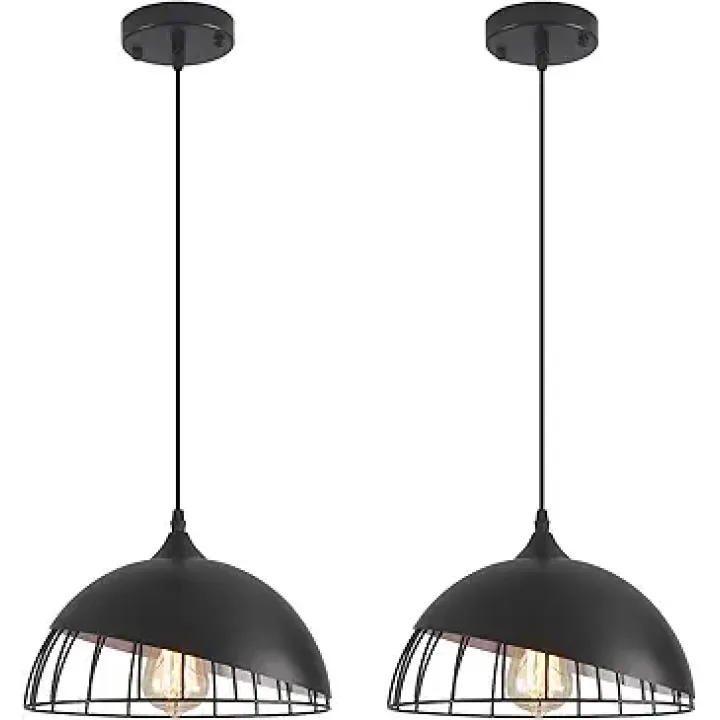 Black Pendant Light, 2 Packs 9.4inch Farmhouse Pendant Light, Kitchen Pendant Lights, Industrial Pendant Lighting, Pendant Lights Kitchen Island for Living Room, Bar, Bedroom, Office