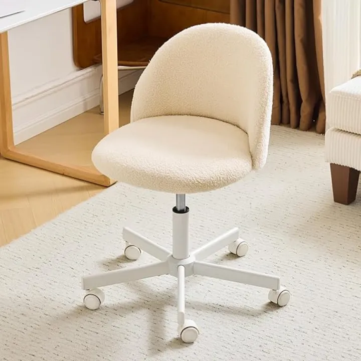 VINGLI Candy Chair Armless Cute Desk Chair,Comfy Small Office Chair with Wheels,Vanity Chair Lumbar Support,Teddy Adjustable Rolling Swivel Computer Task Chair for Home Office,Bedroom,Creamy Beige