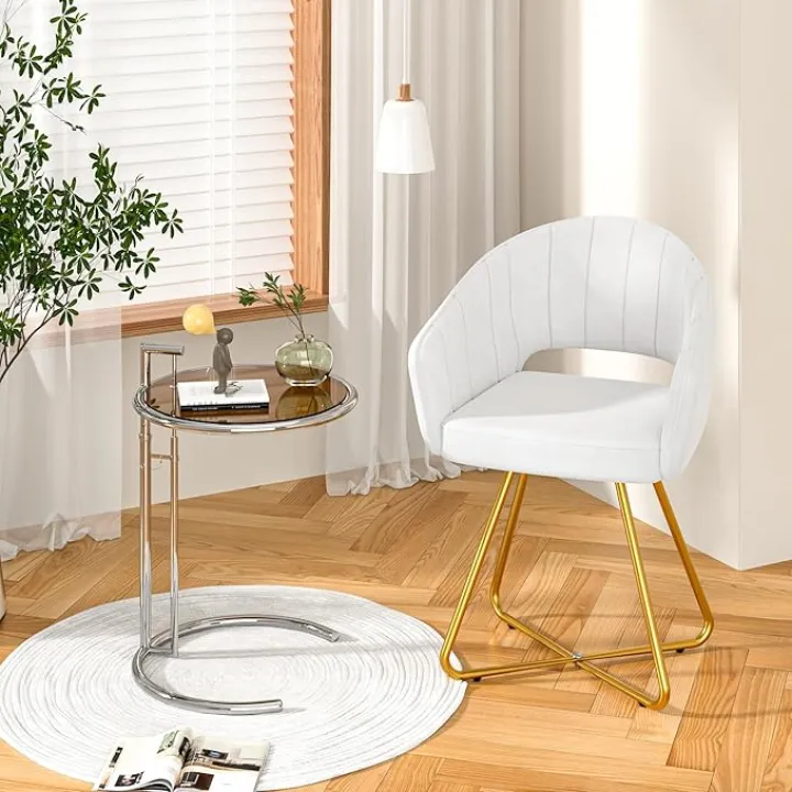 VECELO Velvet Accent Chair, Upholstered Armchair with Gold Tone Finished Base&Oversized Backrest,Modern Accent Chair for Vanity in Bedroom Dining Room,Pearl White