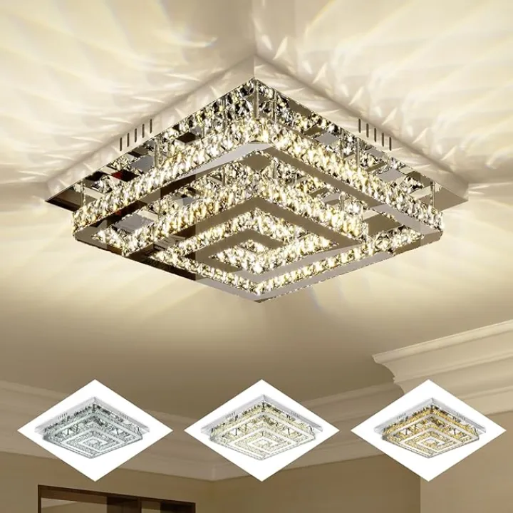 24" Modern Crystal Chandelier with Remote Control, Dimmable Flush Mount Ceiling Light Fixture, 3-Color Temperature, Led Ceiling Lamp for Living Room Bedroom Kitchen Dining Room Entryway