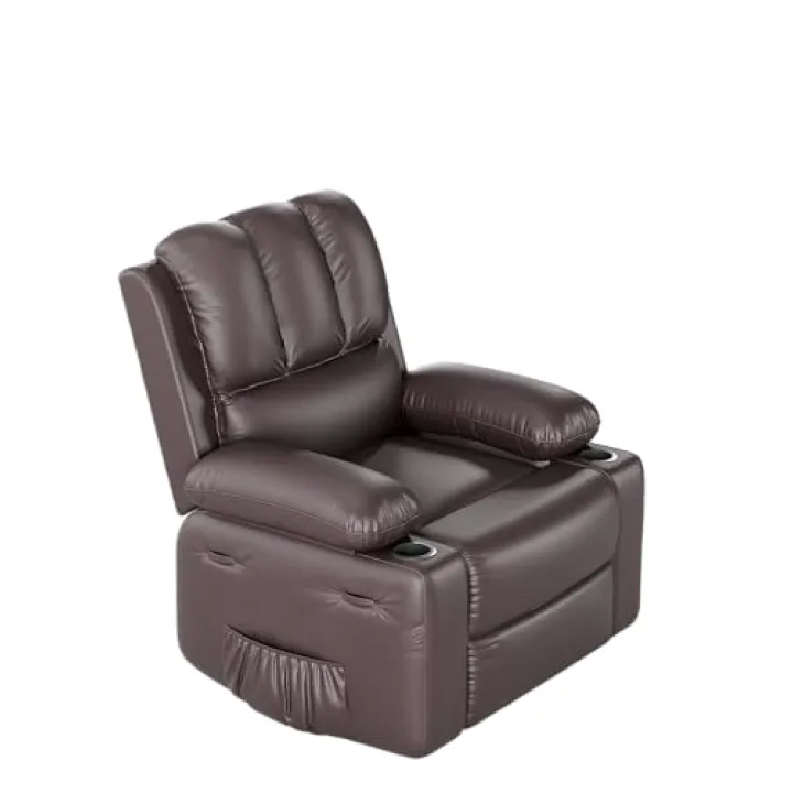 GarveeHome Leather Recliner Chair, Manual Recliner w/Comfortable Arms and Cup Holders for Living Room CF8011 - Large 21.2" Seat Width, Brown