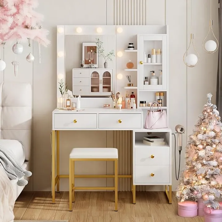 Makeup Vanity Desk with Mirror and 10 Lights, 3-Colour Hollywood Brighter Bulbs, Vanity Table Set with Large Drawers and and Charging Station for Bedroom Dressing Room White