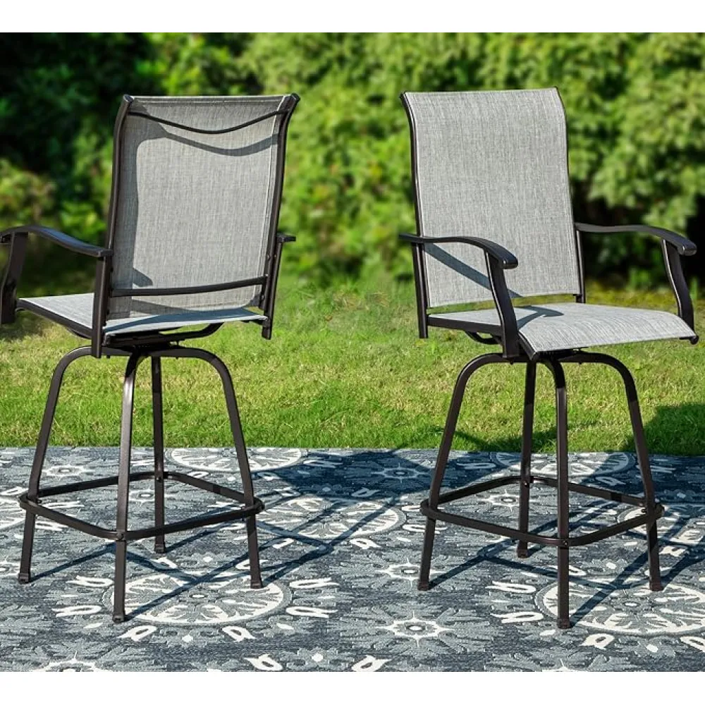 PHI VILLA Outdoor Swivel Patio Bar Stools Set of 2, 30 Inch Bar Height Tall Patio Chairs with Back & Armrest, Durable Textilene Fabric in Grey for Deck Lawn Garden
