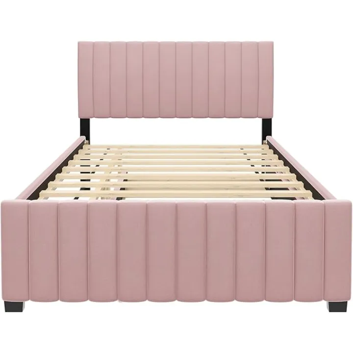SOFTSEA Full Size Platform Bed with Trundle, Upholstered Full Bed Frame with Twin Trundle, Tufted Headboard for Kids Teens Adults Bedroom, Velvet Fabric, No Box Spring Needed, Pink