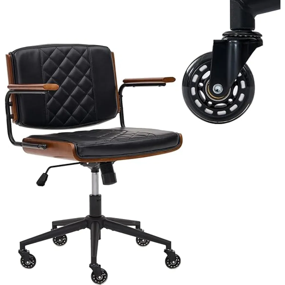 Home Office Desk Chair with Rubber Wheels, Adjustable Height Office Chair with Arms, Leather Mid Back 360° Small Computer Chair, Modern Walnut Chair for Office, Reading Meeting Room (Black)